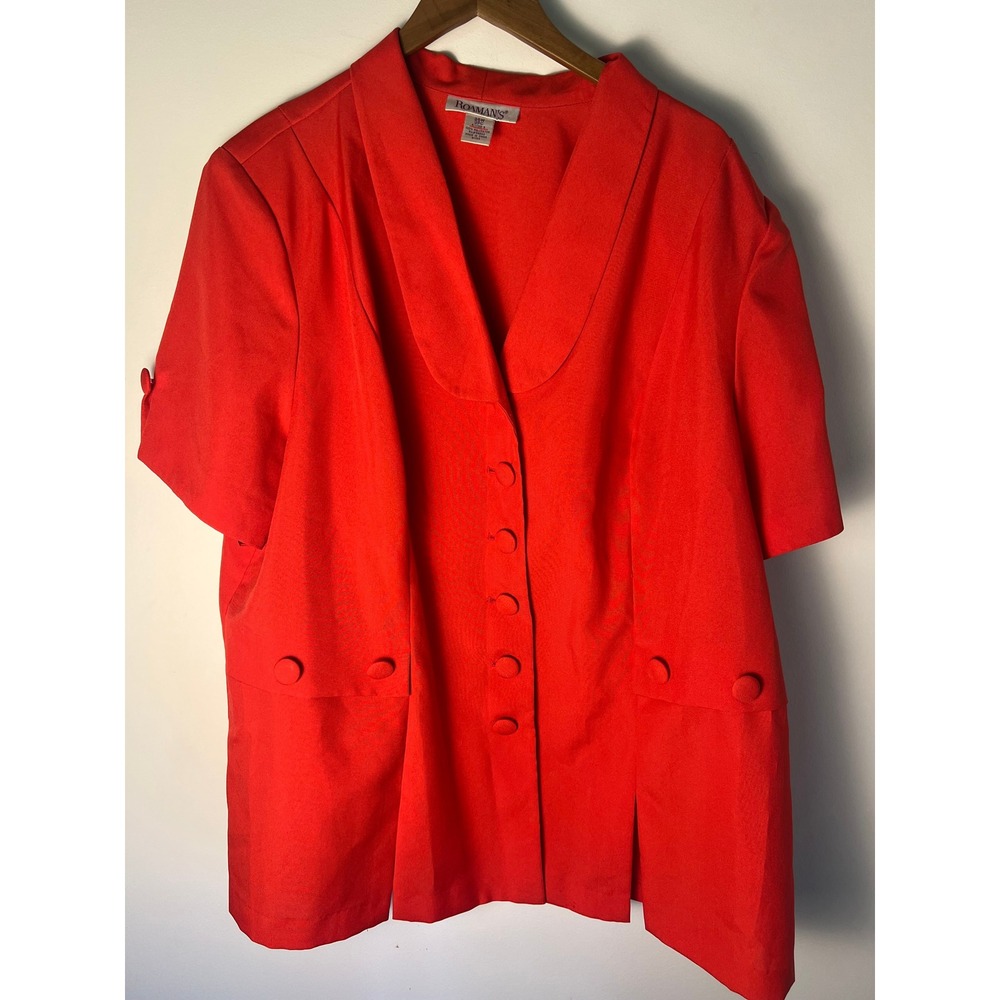 VTG Roaman's Blazer Top Wm 26W Red Short Sleeve Shawl Collar Button Up Office